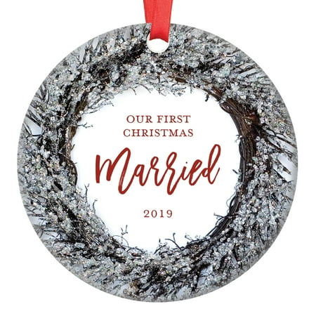 Our First Christmas Married Ornament 2019, Husband & Wife Couple Just Married Newlywed Wedding Present 1st Xmas Winter Holiday Ceramic 3