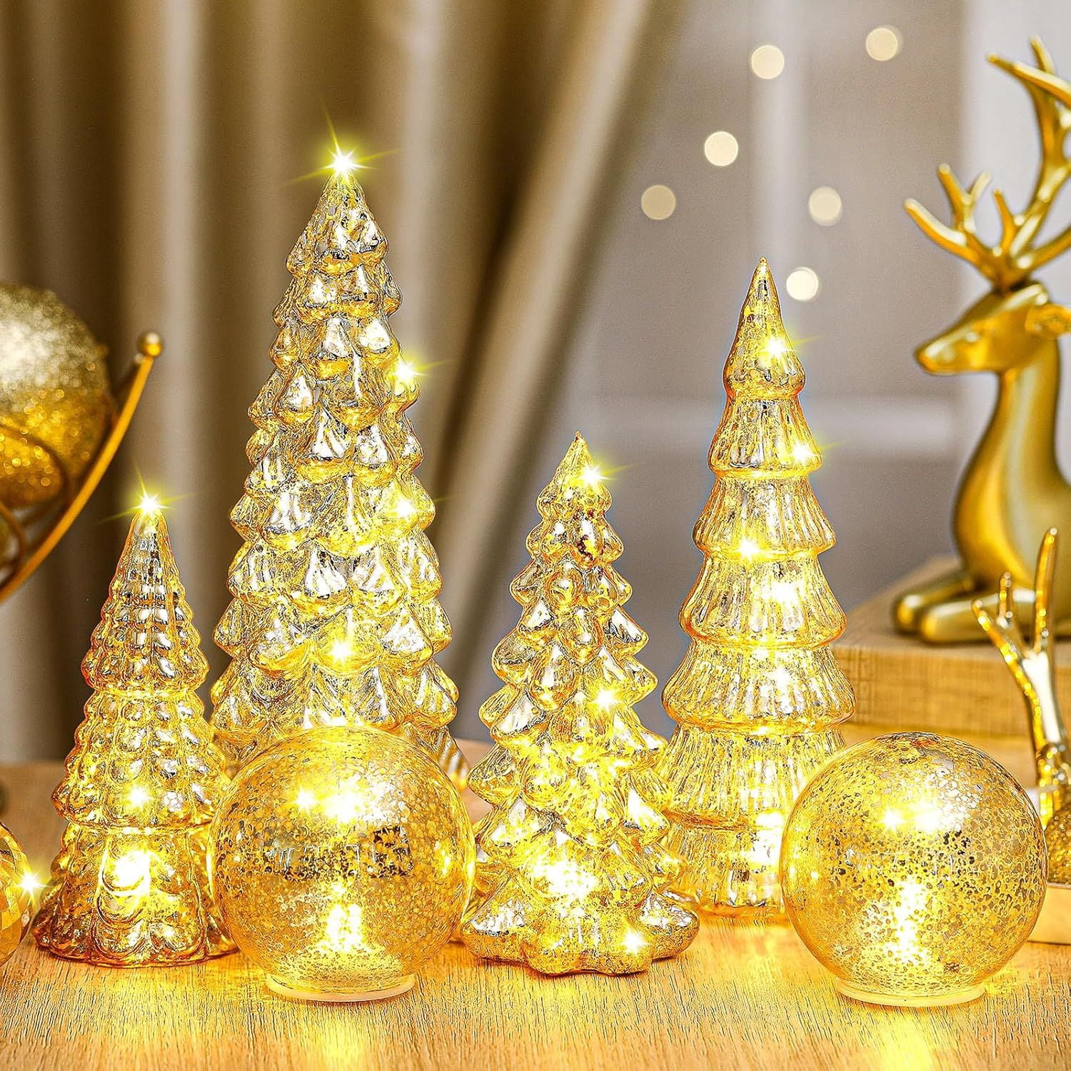 6 Pcs Mercury Glass Christmas Tree for Tabletop Light up Figurine Christmas Tree Mercury Cracked Glass Globe with Light for Xmas Decor Home Party Centerpiece Mantel Gift