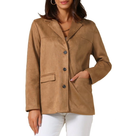 Women's Faux Suede Blazer Jacket Vintage Casual Button Down Long Sleeve Blazer with Pockets S Brown