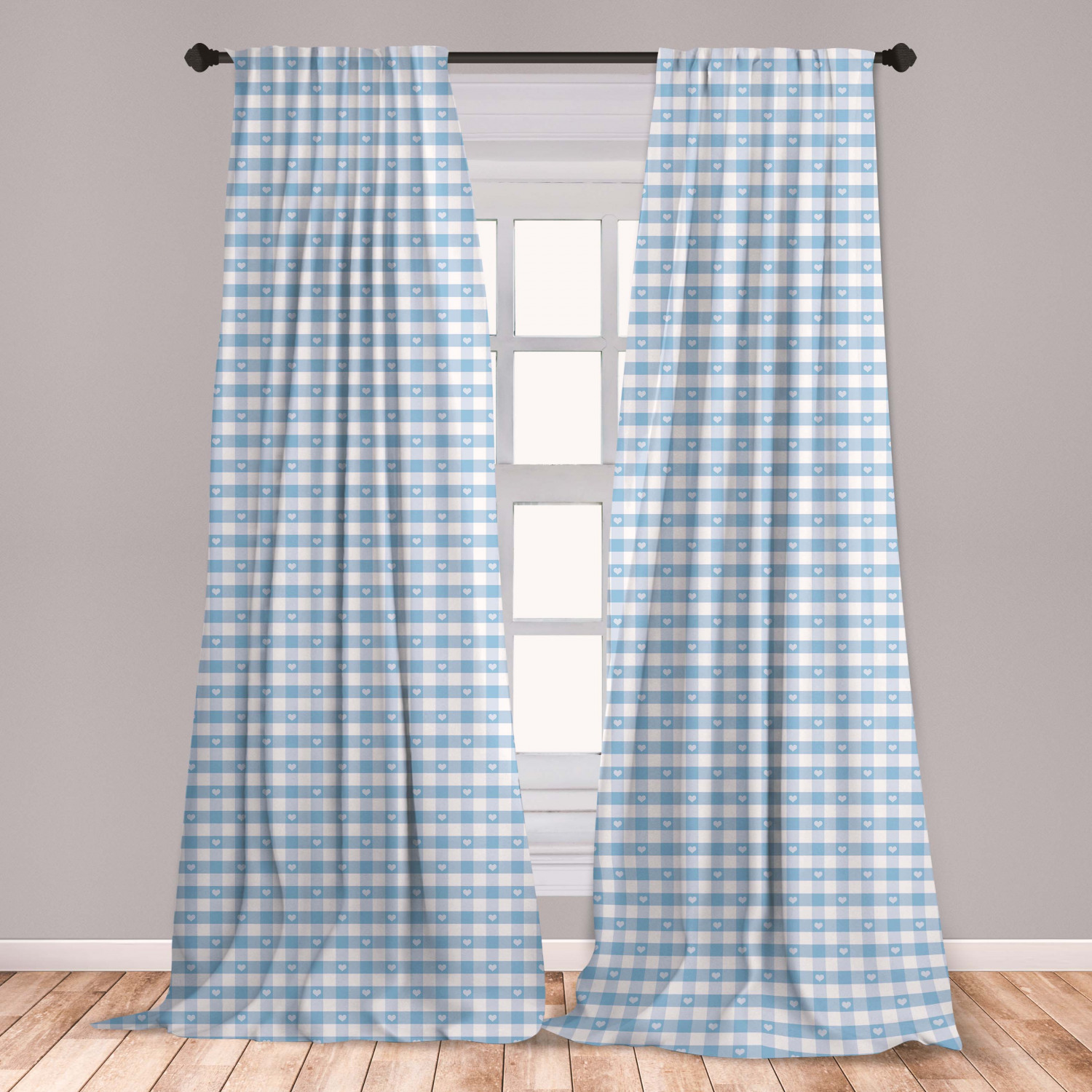 Checkered Curtains 2 Panels Set, Gingham Motif with Little Hearts
