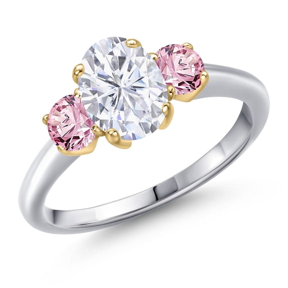 Gem Stone King 925 Silver and 10K Yellow Gold White Moissanite and Pink Lab Grown Diamond Engagement Ring for Women | 2.00 Cttw | Oval 8X6MM | Gemstone Birthstone | Size 6