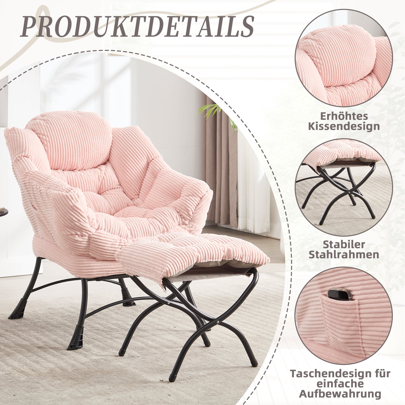 MOONMISS Accent Chair with Ottoman,with Armrests and Side Pockets、 Footrest for Living Room,Pink