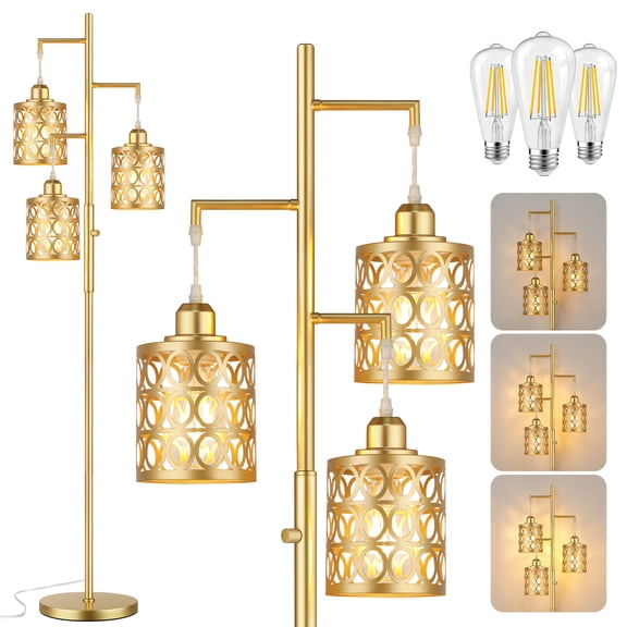 68" Gold Floor Lamps for Living Room, Modern Standing Lamp with Stepless Dimmable for Bedroom Home Office, 3 LED Bulbs Included