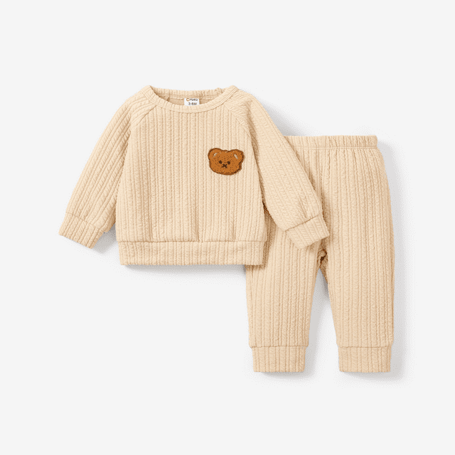 PatPat Ensemble 2 Pcs Bébé Fille/garçon Haut Texturé Brodé Ours et Pantalon