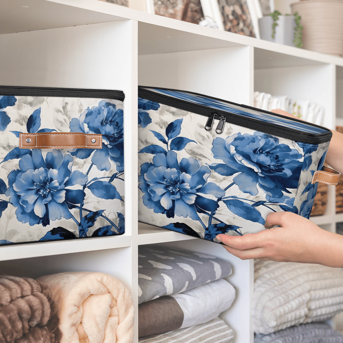CURLYOOT Watercolor Blue Flower Storage Bin with Zipper Lid, Fabric Decorative Lidded Storage Baskets Boxes, Foldable Organizer Container Basket for Bedroom Closet Shelf
