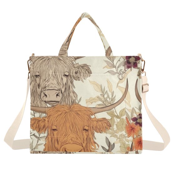 Cows Flowers Leaves Green Corduroy Tote Bag Handbag Large Messenger Bag Shoulder Crossbody Zipper Bag Purse