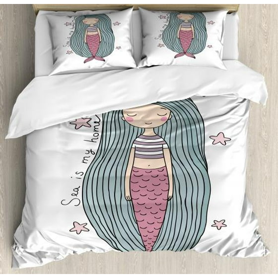 Mermaid King Size Duvet Cover Set Sea Is My Home E Written In Strand Of Hair Girl Sleeping With Stars Decorative 3 Piece Bedding 2