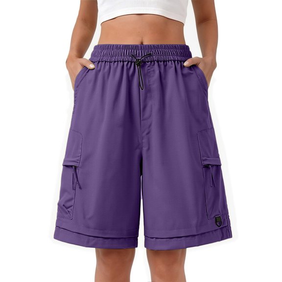 Yifymode Knee Length Women Bermuda Shorts Baggy Wide Leg Drawstring Casual Work Hiking Cargo Shorts With Pockets,Purple 2XL