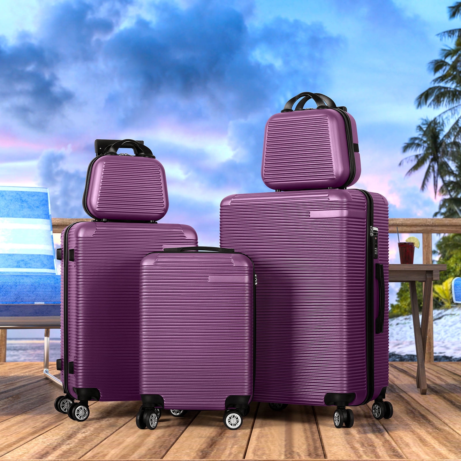 Horizontal Stripe Luggage Travel 5-Piece Set Purple