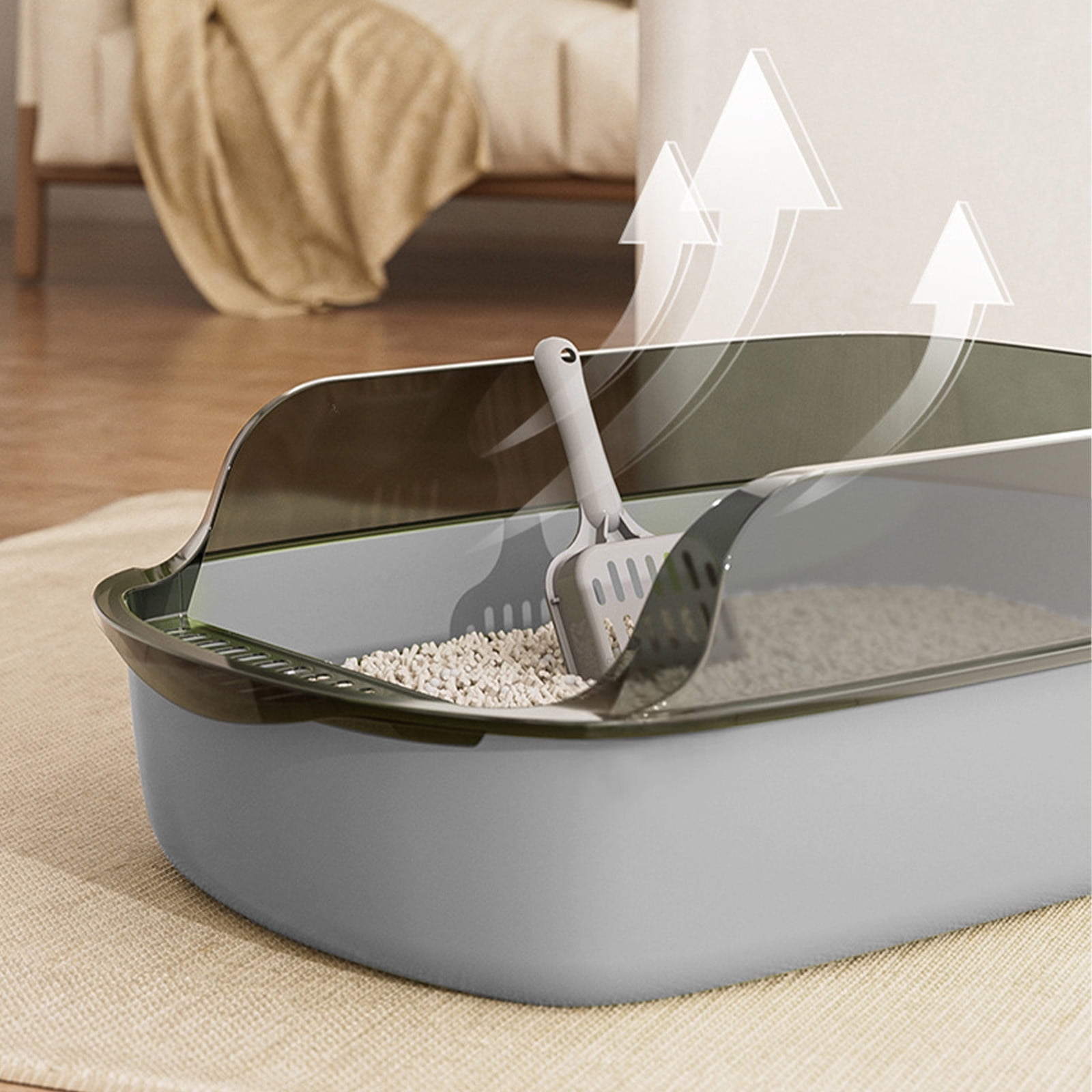 Grey Large Capacity Cat Litter Pan Semi Enclosed With High Sides 12L Thickened Plastic Includes Litter Scoop