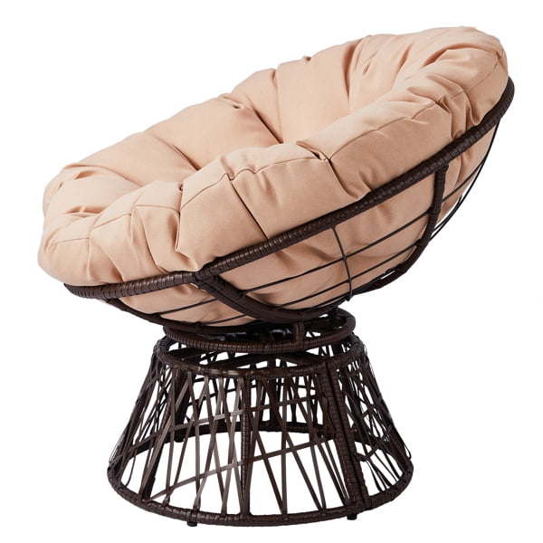 38" Ergonomic Swivel Wicker Papasan Chair with Thick Tufted Cushions, 360 Degree Rotatable Chairs for Living Room Bedroom Reading Room, Beige Cushion