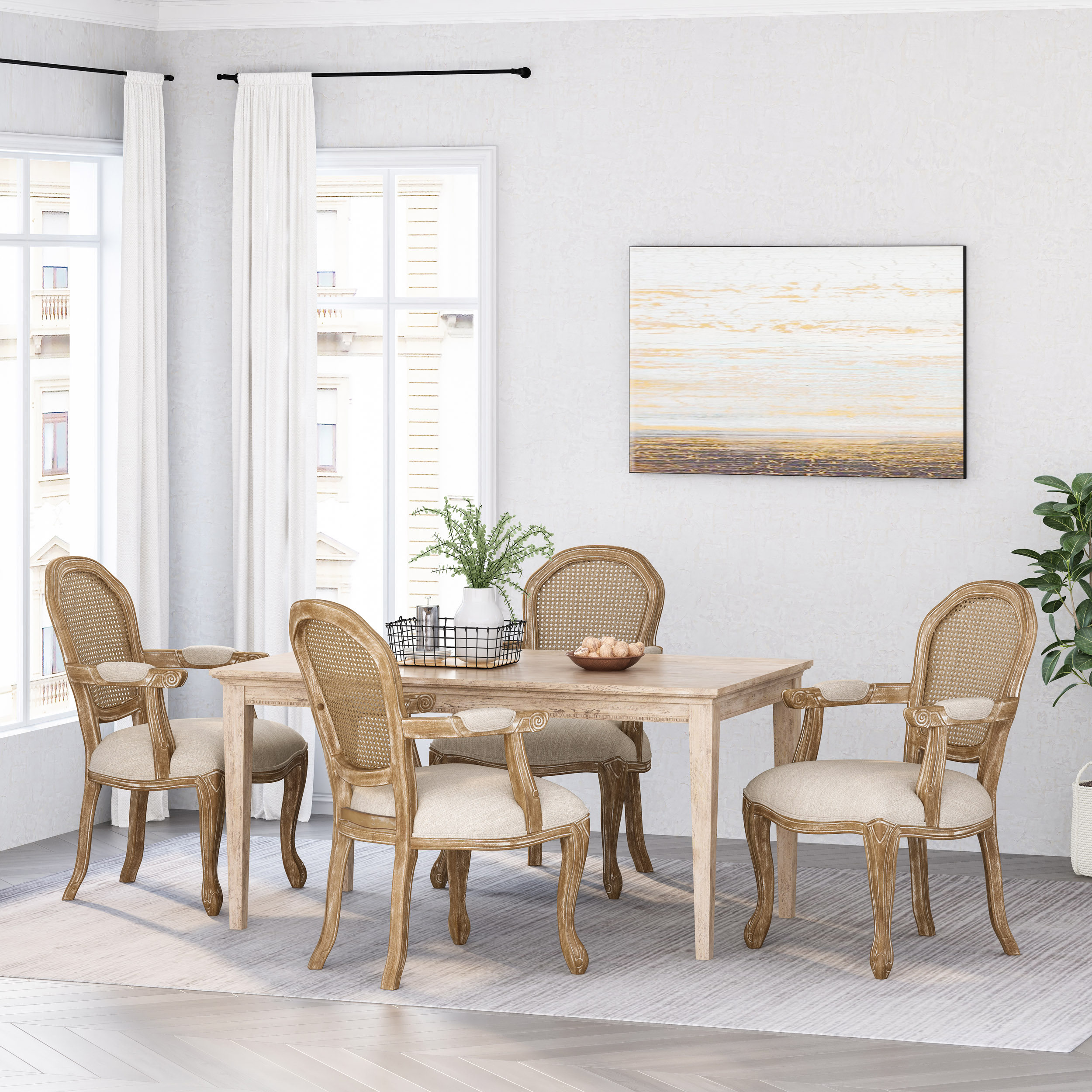 Noble House McKone French Wood and Cane Upholstered Dining Chair, Set of 4, Beige