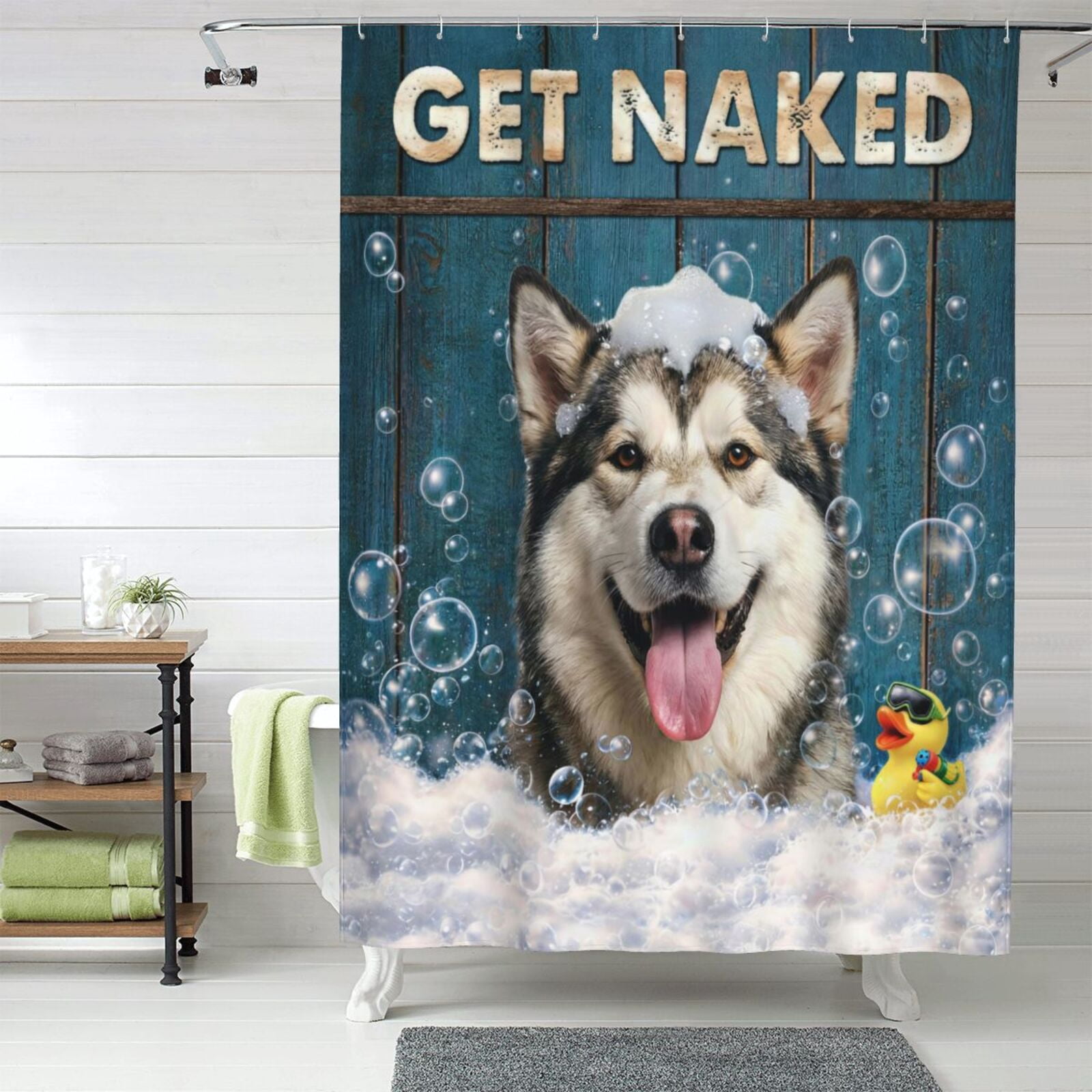 Funny Alaskan Malamute Shower Curtain - Get Naked Humorous Bath Decor, Waterproof Fabric, Cute Dog in Bubbles with Duck, Bathroom Accessory for Dog Lovers - 60"x72"