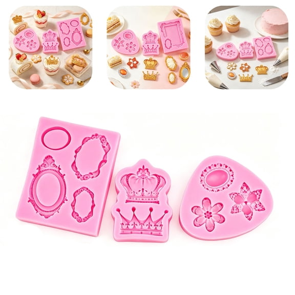 Cake Decorating Crown Silicone Molds 3 Pack, Ornate Frame & Flower Fondant Molds, 3D Princess Crown Chocolate Molds for Sugar Craft Resin Soap Making