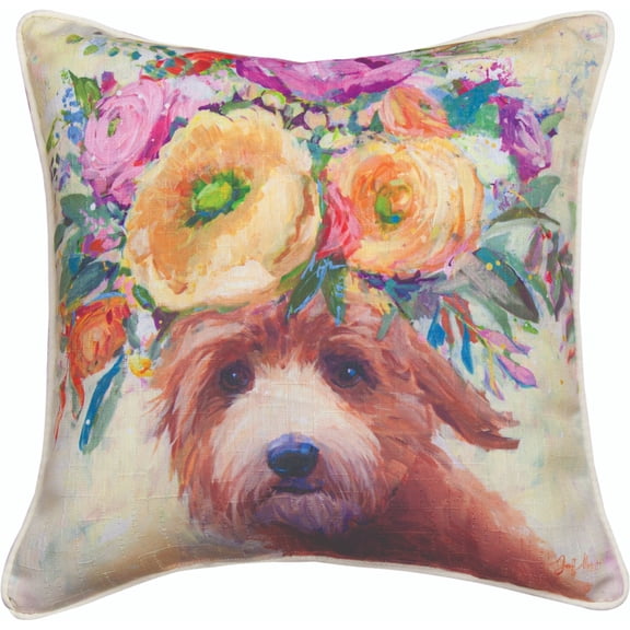 Manual Weavers 18" Square Polyester Pillow with Dogs in Bloom Doodle Design