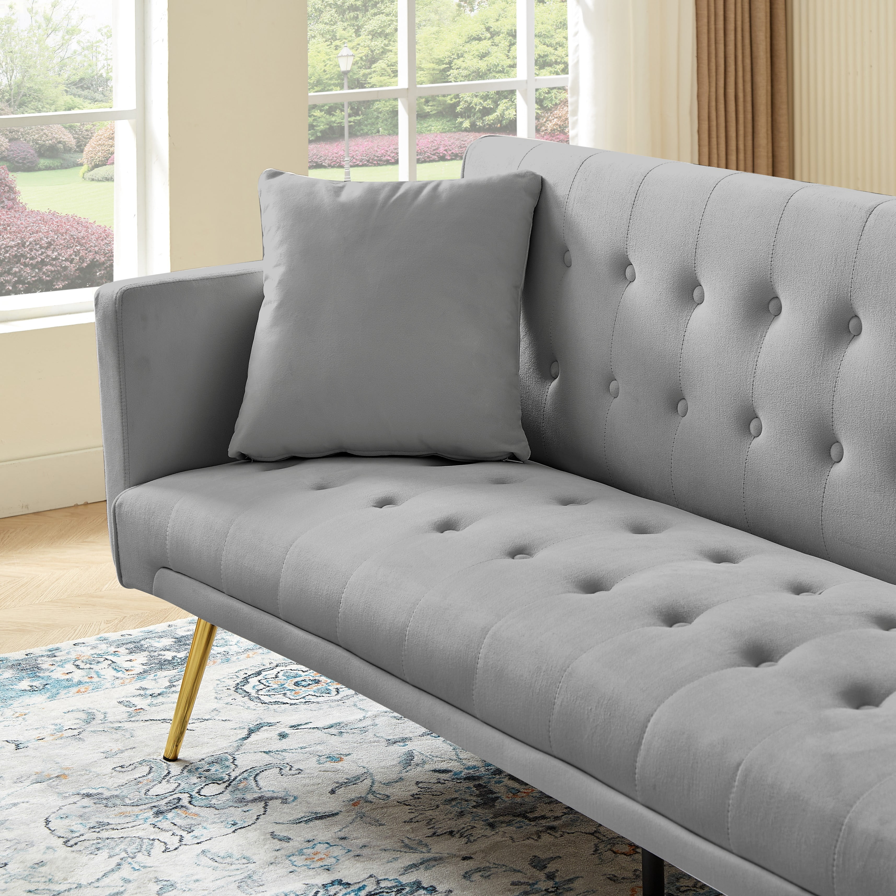 Bianlte Modern Velvet Futon Sofa Bed,Convertible Sleeper Sofa Couch with 3 Adjustable Couch Loveseat with Metal Leg for Living Room and Bedroom,Gray