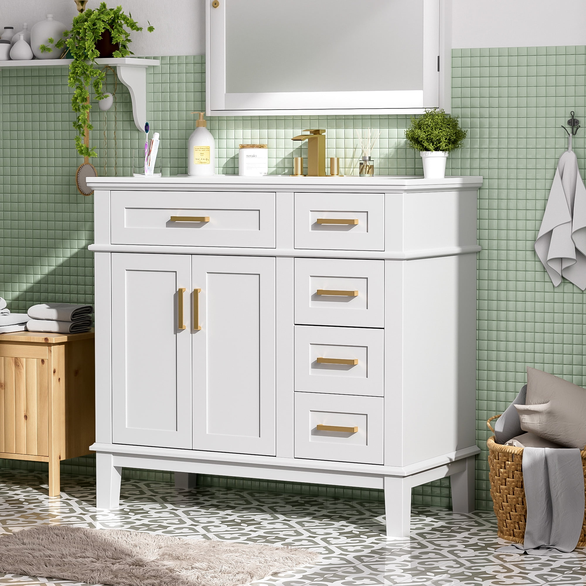 Euroco 36" Bathroom Cabinet with Ceramic Sink, Soft-Close Doors, Golden Handles, Ample Storage, and Overflow Protection