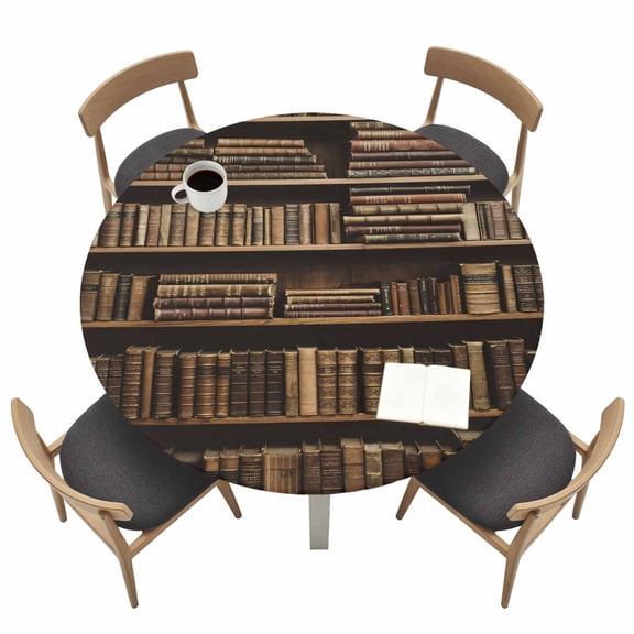 Vintage Books Fitted Tablecloth with Elastic Edged, Round Table Cloth for Dining Table, Retro Art Elegant Bookshelf Waterproof Oil Proof Table Cover for Indoor Outdoor 55"-60"
