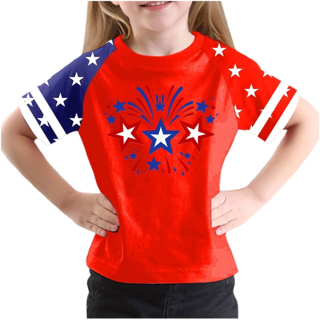 Haut à Manches Courtes pour la Fête de l'Indépendance pour Garçons et Filles, Col Rond, Imprimé Coloré, Mélange Polyester-Spandex Doux, Respirant, Tenue Quatre Saisons