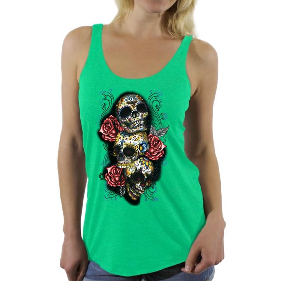 Awkward Styles Three Sugar Skull Racerback Tank Top Sugar Skull Sleeveless Shirt Skull Gifts for Her Day of the Dead Outfit Halloween Tank Top for Women Dia de los Muertos Racerback Tank Skull Tank