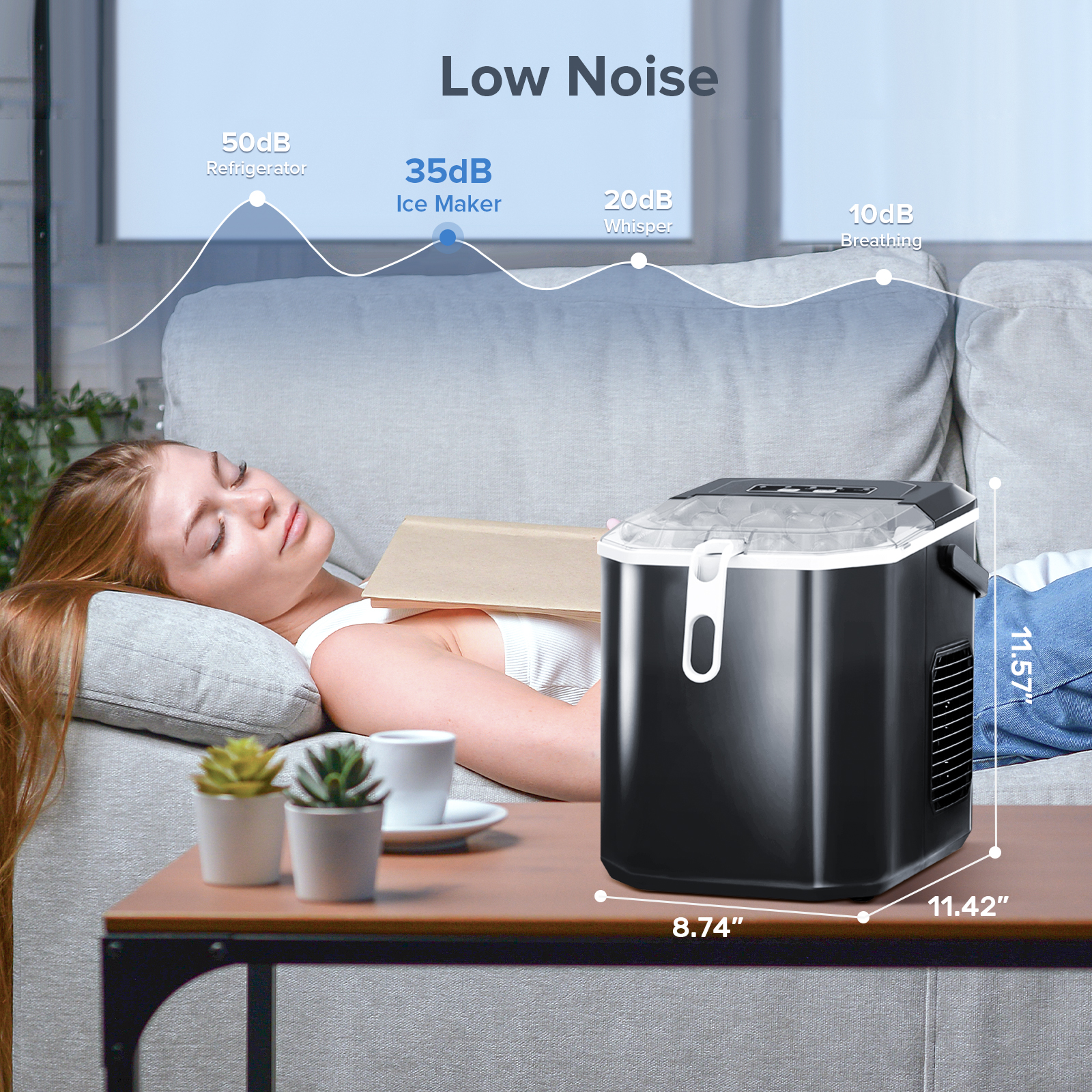 Auseo Portable Countertop Ice Maker, 26Lbs/24H, 9 Bullet-Shaped Ice in 8 Mins, with Handle/Ice Scoop/Ice Basket, for Home/Office/Bar/Party (Black)
