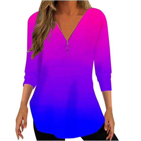 Womens Tops 3/4 Sleeve V Neck Zipper Plus Size Summer Fall Casual Loose T-Shirt Irregular Ruffle Hem Flowy Gradient Blouse Tops,Dark Blue,M