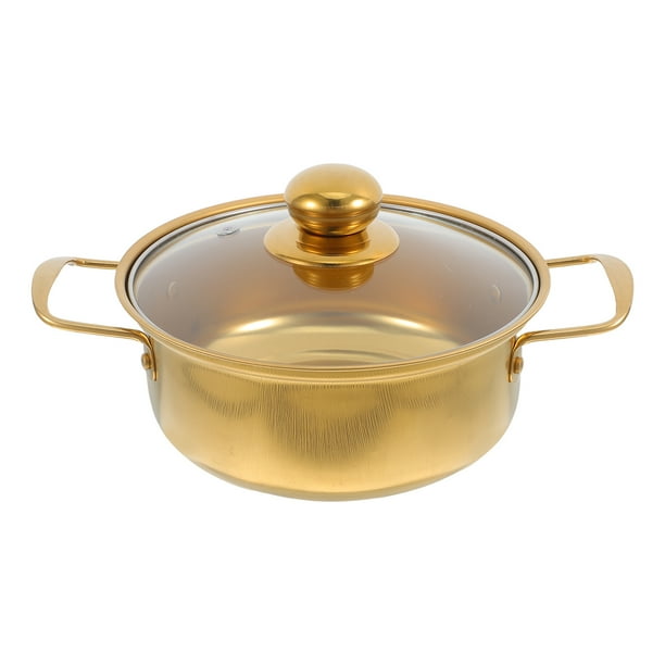 Olla de acero inoxidable con tapa de vidrio, dorada, para ramen, con doble asa, pequeña, para cocina de inducción, fideos coreanos