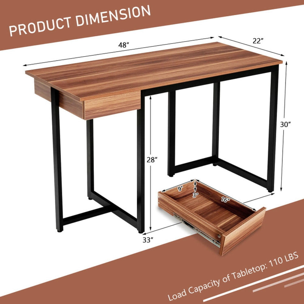 Demi Bonn 48" Computer Desk with Metal Frame and Adjustable Pads, Small Home Office Desk Study Writing Table, Walnut