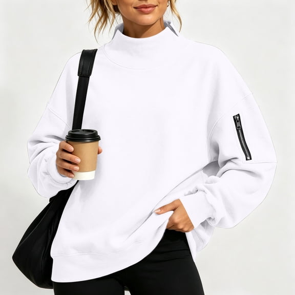 Women's Long Sleeve Sweatshirt Baeitkot Women's Solid Color Stand Collar Long Sleeve Sweatshirt with Side Slit Hem and Pockets Casual Pullover Top White XL