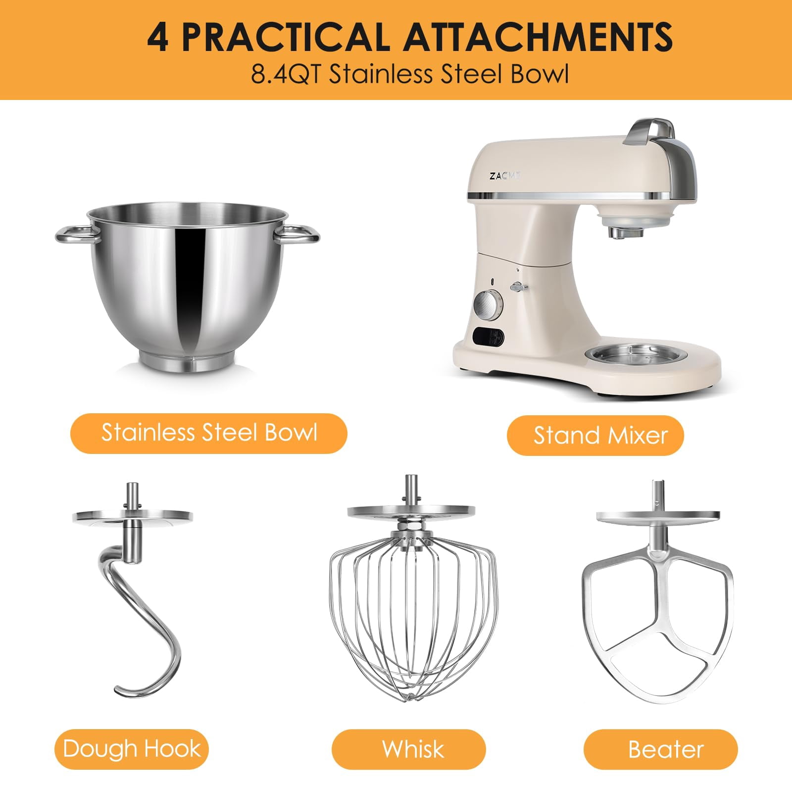 ZACME 8.4QT Commercial Stand Mixer 800W, 11 Speed, Metal Food Mixers Kitchen Electric Stand Mixer with Stainless Steel Bowl 8L, Dough Hook, Whisk and Beater, Cream White