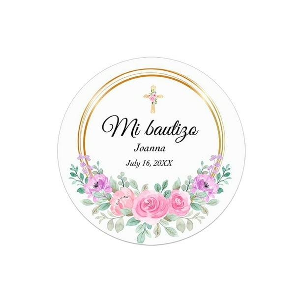 Etiquetas adhesivas para bautizo y bautismo, calcomanías personalizadas con nombre, fecha, texto, primera comunión, marco Floral, fiesta