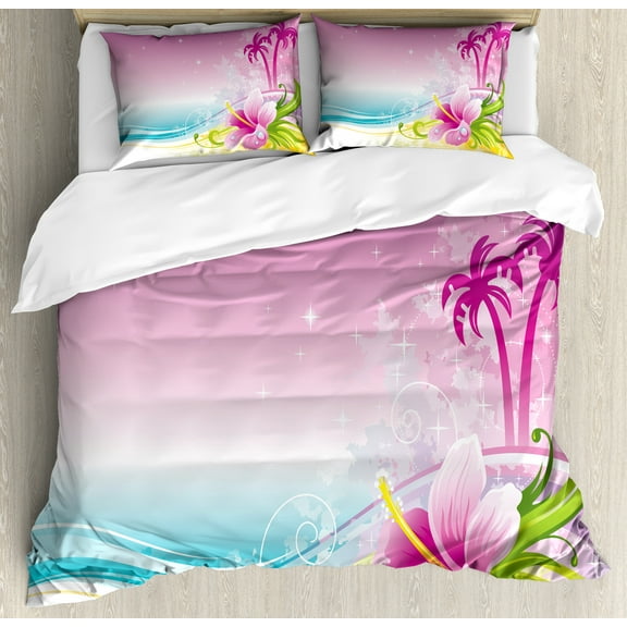 Luau Duvet Cover Set, Digital Design Illustration of Palms Abstract Waves and Hibiscus Petal, Decorative 3 Piece Bedding Set with 2 Pillow Shams, Calking Size, Pale Fuchsia Multicolor, by Ambesonne