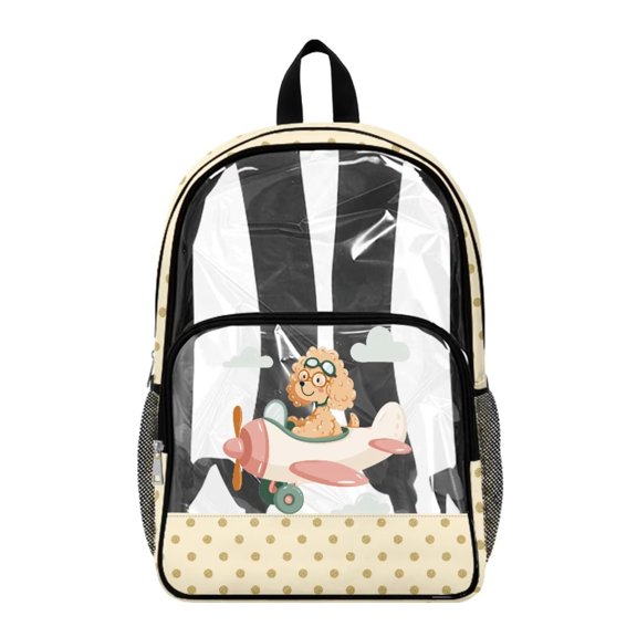 ZIATUBLES Clear Backpack, Heavy Duty Fabric & PVC Transparent Bookbag with Poodle Airplane Print, Large Capacity See Through Backpack for School College Work Travel Security