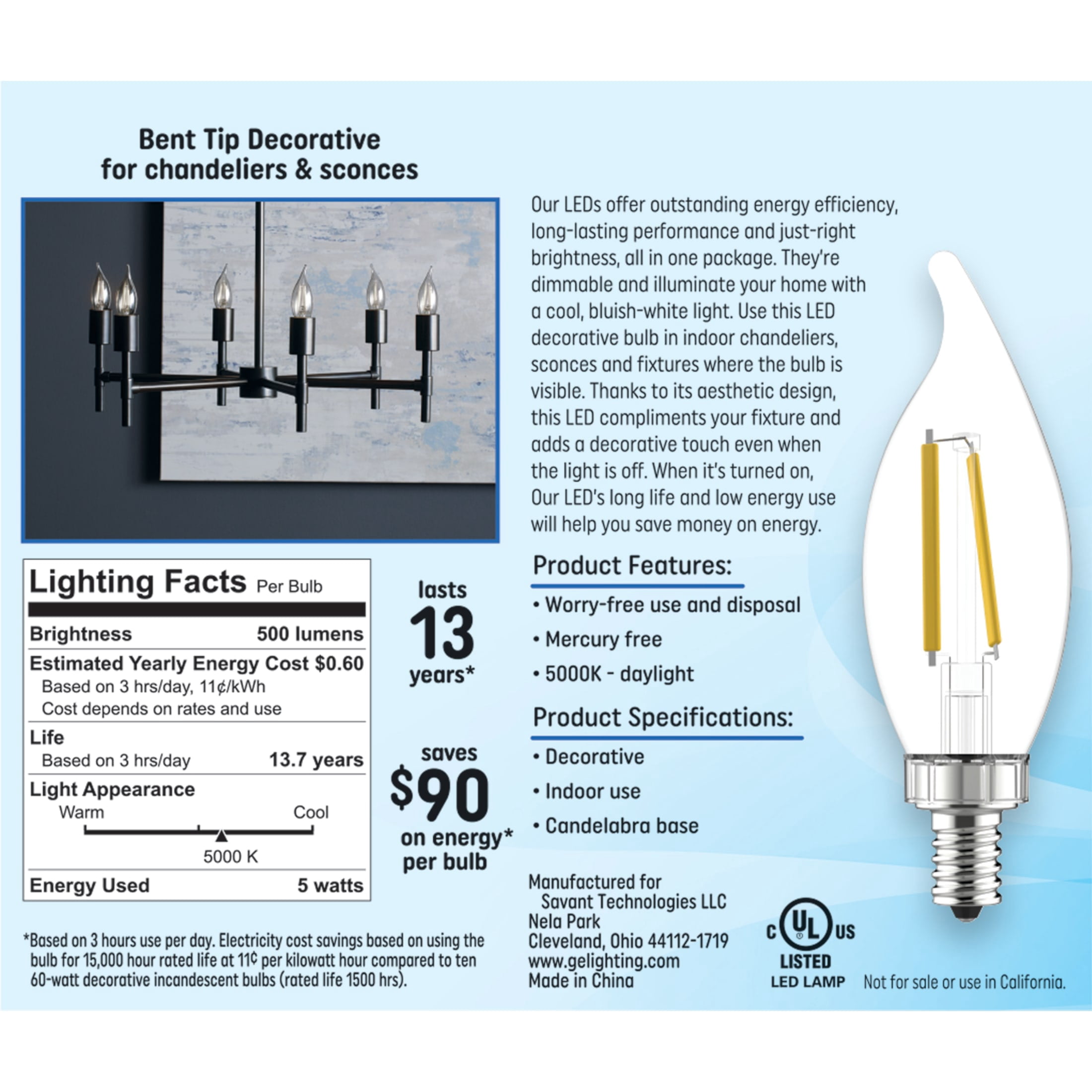 GE LED Light Bulbs, 60 Watt Replacement, Daylight, CA11 Decorative Candle Bulbs, 4pk