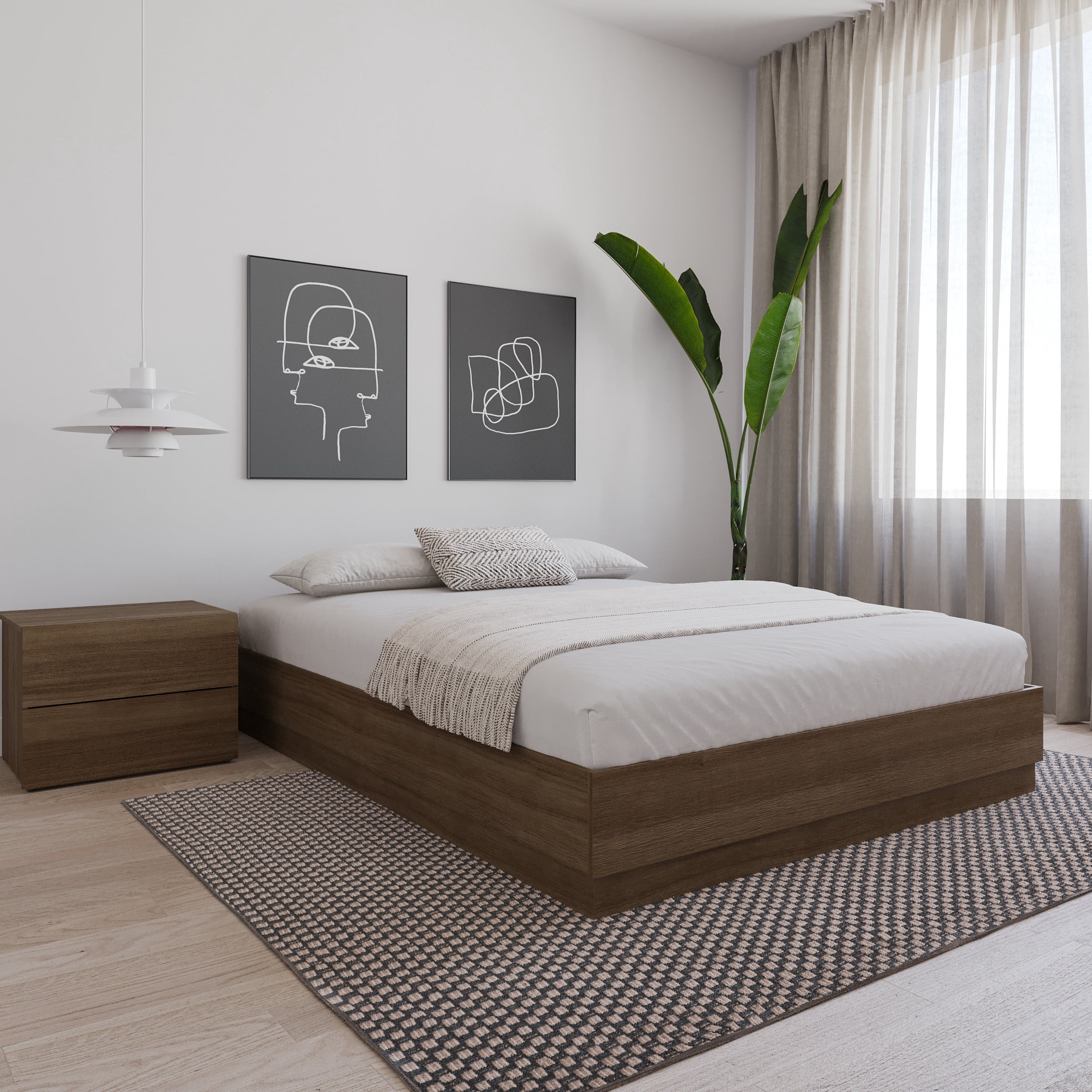 Nexera Milano Queen Size Platform Bed Frame, Brown Oak