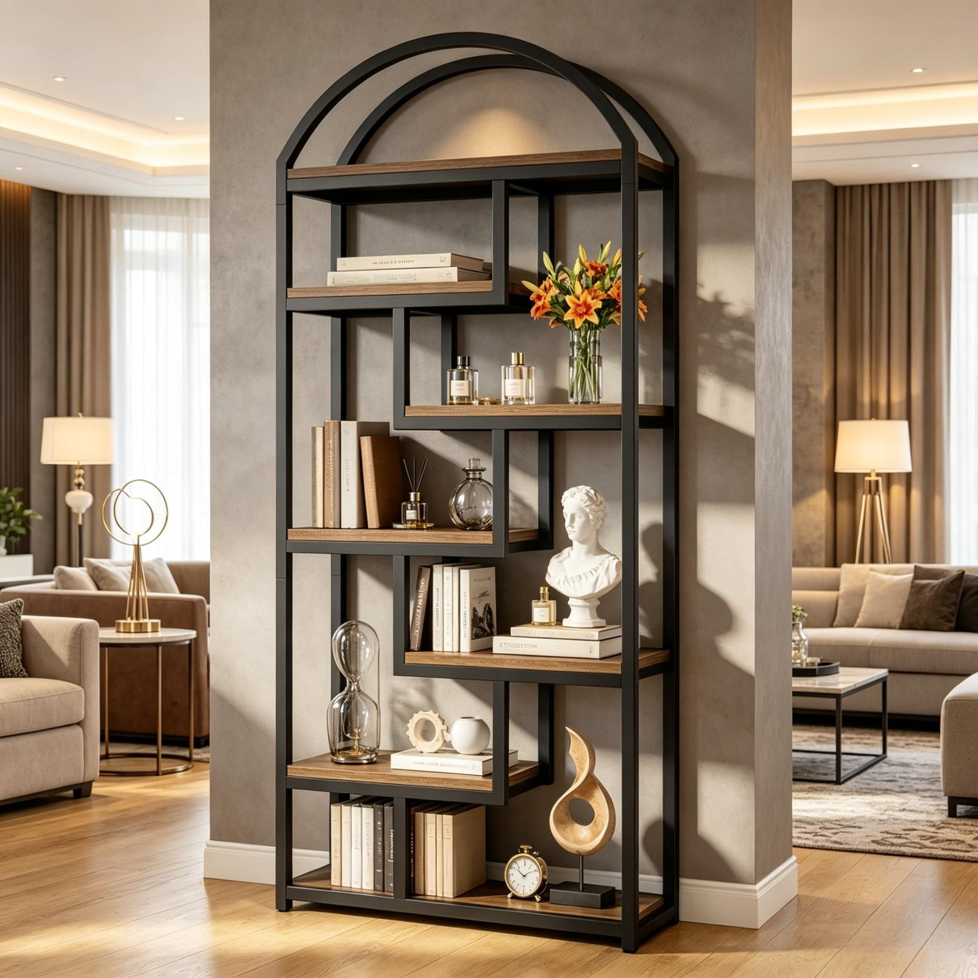 71 Inch Arched Industrial Bookshelf, Open Display Bookcase