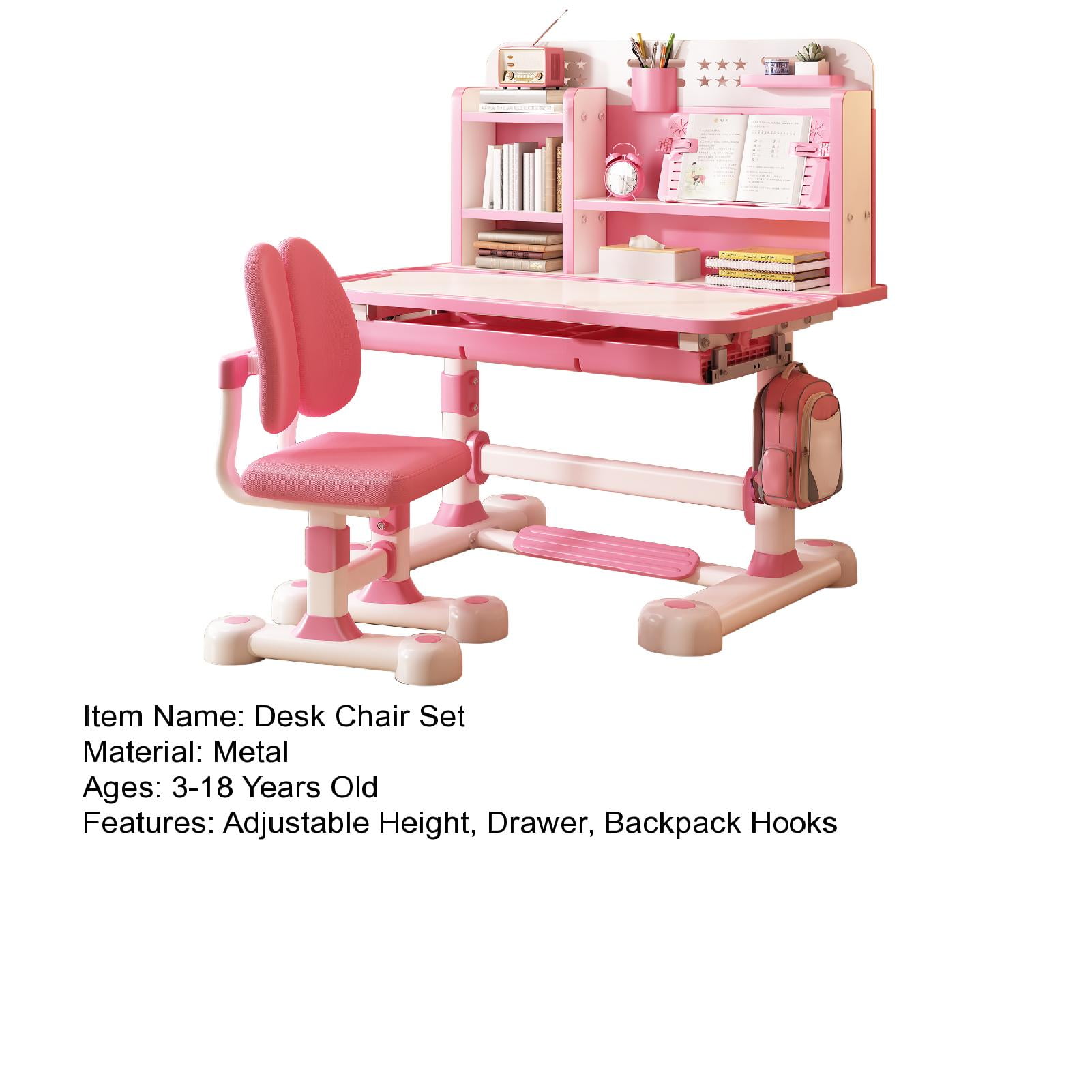 AquaAurix Height Adjustable Children School Study Table Chair Set, Kids Study Desk and Chair Set, with Book Stand, Foot Pedal, Partition Design,Pink