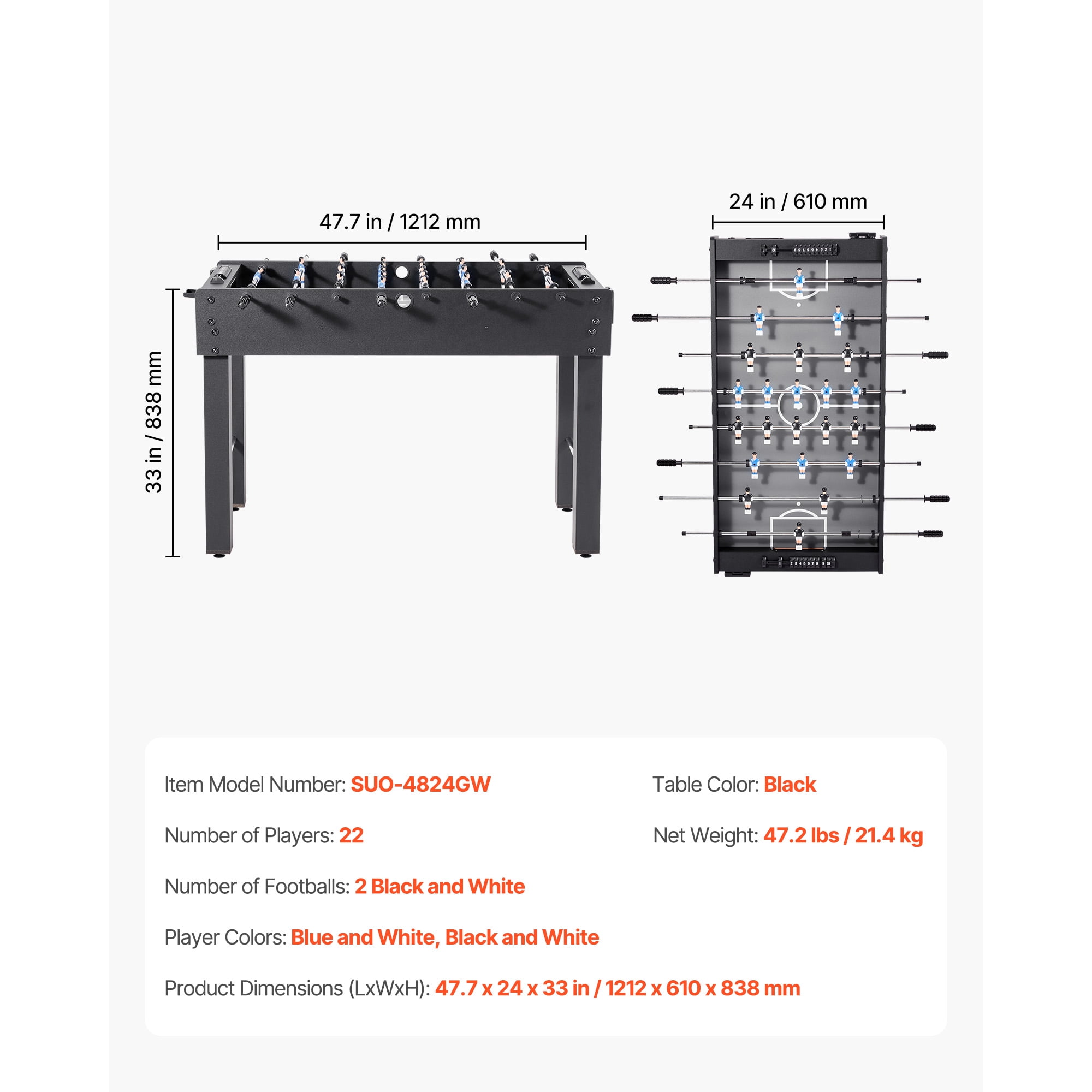 KFFKFF 48-Inch Foosball Table, Standard Size Soccer Game Table for Home, Family, and Game Room, Sturdy Design with 2 Balls, Score Tracker, and Cup Holders