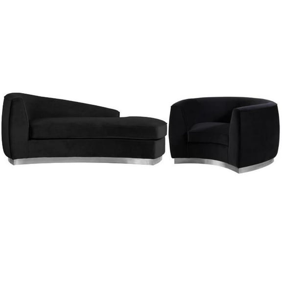 Home Square 2-Piece Set with Velvet Accent Chair and Chaise in Black and Chrome