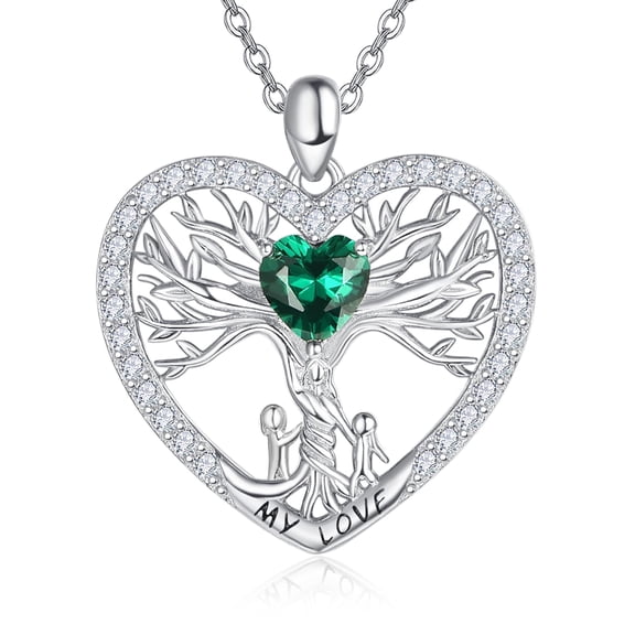 TANGPOET Mothers Day Gift Tree of Life Necklace 925 Sterling Silver Mother Heart Pendant Emerlad Jewelry For Grandma