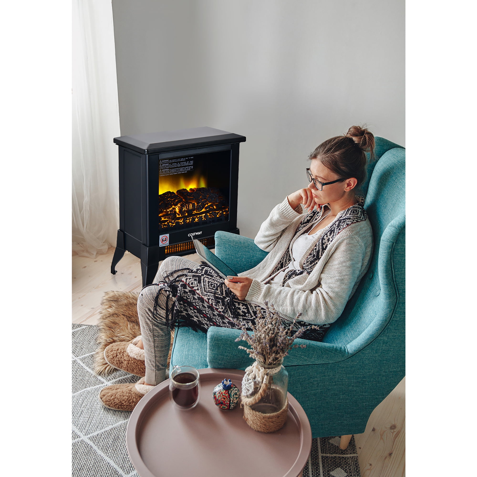 Costway 18''  Electric Fireplace Stove Freestanding Heater W/ Flame Effect 1400W