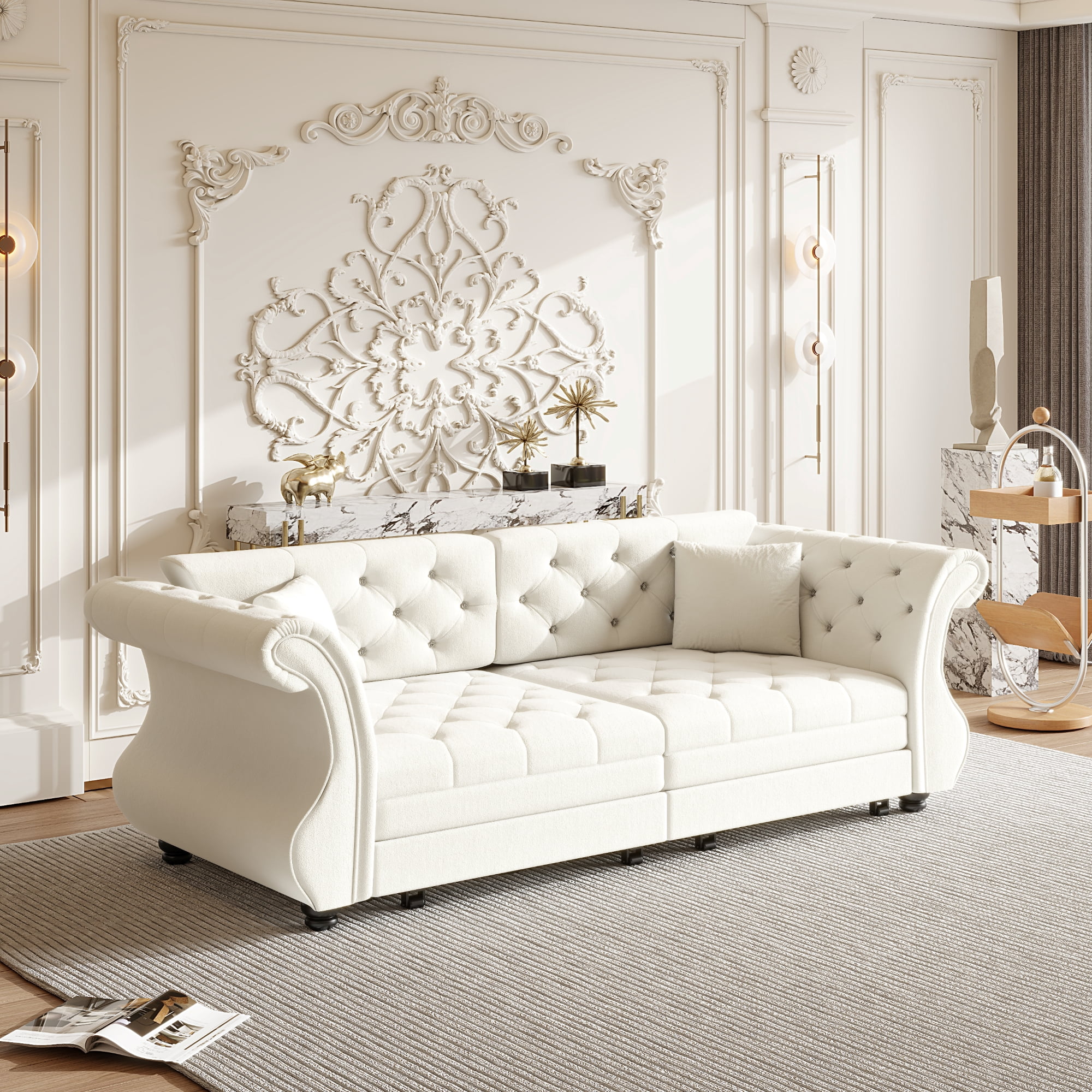 Chesterfield Pull Out Convertible Sofa Bed, Classic Flower Tufted Velvet Loveseat Sleeper Couch With Roll Arms and Pillows, for Living Room Apartment Office