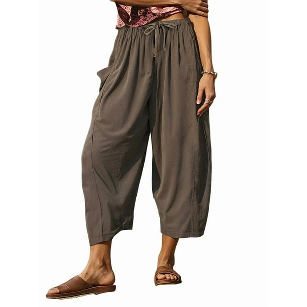 Pantalones Palazzo Harem Informales Holgados con Cordón para Mujer, para Verano, Playa, Viajes, Vacaciones, con Bolsillos. Café M