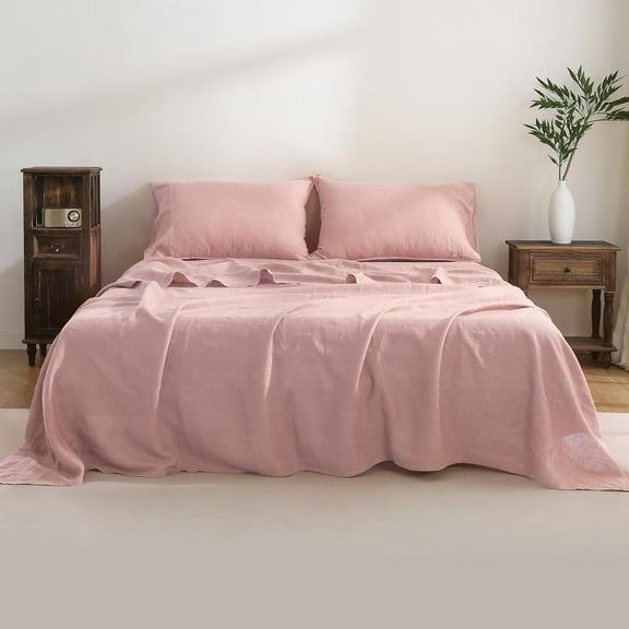 100% French Linen Sheets Set Queen Size-4Pcs Natural Washed Flax Bed Sheets Soft Breathable and Durable- 1 Flat Sheet 1 Fitted Sheet 2 Pillowcases (Pink, Queen)