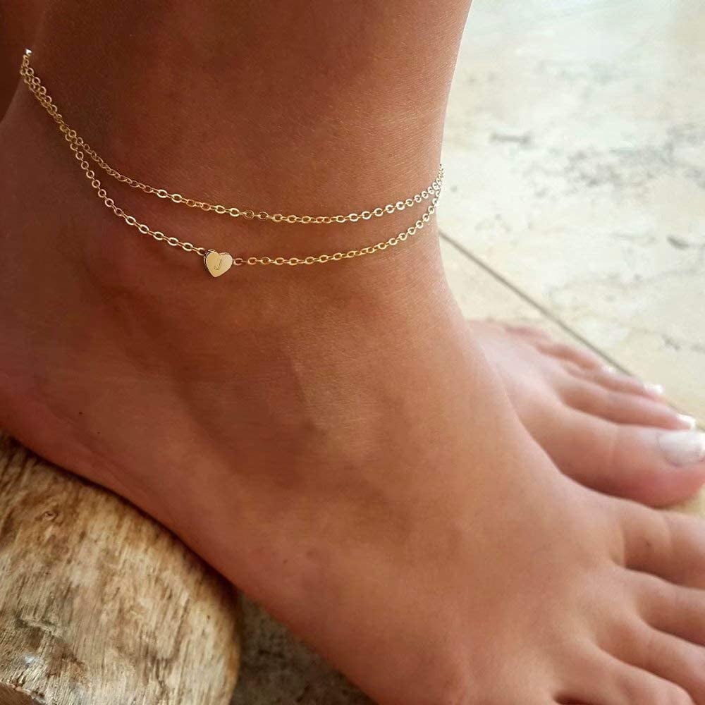 14K Gold Plated Handmade Layered Box Chain Flat Mariner Hexagon Anklet Letter Initial Ankle Bracelet for Women Gold Summer Beach Foot Jewelry Gifts Turandoss Ankle Bracelets for Women Initial Anklet 