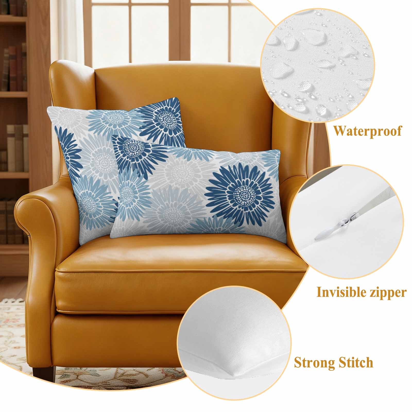Blue Grey Sunflowers Outdoor Waterproof Throw Pillow Covers 26x26 Set of 2, Boho Vintage Floral Rustic Blossom Decorative Pillowcases Cushion Pillowcase for Couch Sofa Patio Outside Pillow Protector