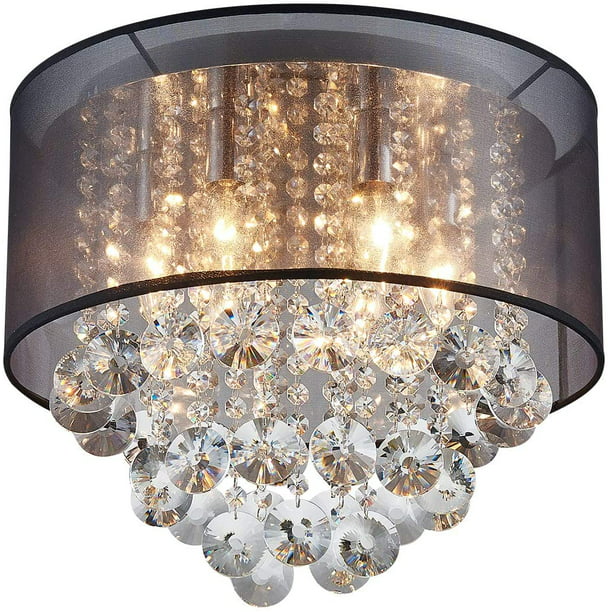 Modern Drum Cylinder Shape Fabric Shade, Chandelier With Crystal Shades