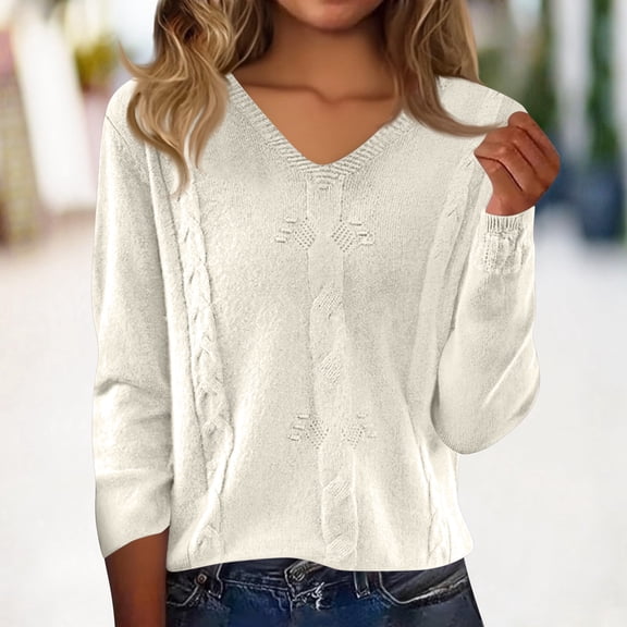 Womens Sweaters Long Sleeve Shirts Fall Outfits 2025 V Neck Soft Knit Pullover Trendy Tops Dressy Casual Blouses White S