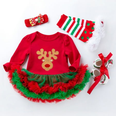

RPVATI Newborn Infant Baby Toddler Clothes Christmas One Piece Dress Long Sleeve Bodysuit Shoes Tights Headwear 4 Pieces Fall Winter Clothes Set