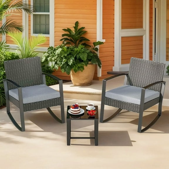 Lofka  3-Piece Patio Furniture Set, Outdoor Rocking Wicker Bistro Set with Cushions & Tempered Glass Table - for Porch|Balcony|Garden (Gray)